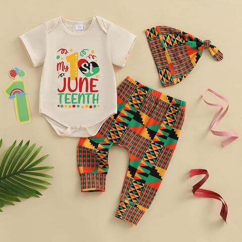 ملابس My First Juneteenth Baby Boy للرضع بأكمام قصيرة رومبير ارتداءها بنطال مطبوع أفريقي وقبعات ملابس الصيف in Kuwait