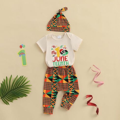 ملابس My First Juneteenth Baby Boy للرضع بأكمام قصيرة رومبير ارتداءها بنطال مطبوع أفريقي وقبعات ملابس الصيف in Kuwait