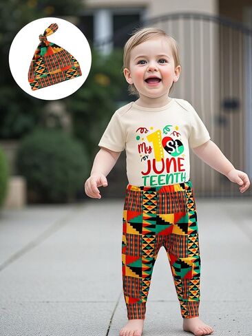 ملابس My First Juneteenth Baby Boy للرضع بأكمام قصيرة رومبير ارتداءها بنطال مطبوع أفريقي وقبعات ملابس الصيف in Kuwait