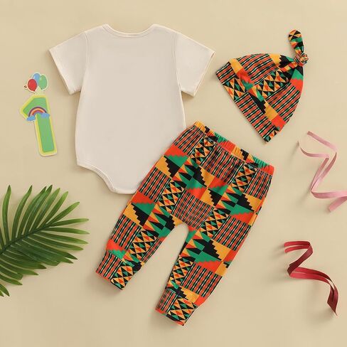 ملابس My First Juneteenth Baby Boy للرضع بأكمام قصيرة رومبير ارتداءها بنطال مطبوع أفريقي وقبعات ملابس الصيف in Kuwait