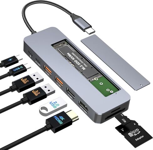 محطة إرساء USB C مع حاوية M.2 NVMe SSD بسرعة 10 جيجابت في الثانية، محور USB-C 9 في 1، فتحة SSD من النوع C مع HDMI 4K@60 هرتز، USB 3.2 Gen2، PD100W، قارئ بطاقة SD/TF، ​​محطة إرساء للكمبيوتر المحمول Dell/HP/Lenovo/Mac in Kuwait