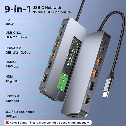 محطة إرساء USB C مع حاوية M.2 NVMe SSD بسرعة 10 جيجابت في الثانية، محور USB-C 9 في 1، فتحة SSD من النوع C مع HDMI 4K@60 هرتز، USB 3.2 Gen2، PD100W، قارئ بطاقة SD/TF، ​​محطة إرساء للكمبيوتر المحمول Dell/HP/Lenovo/Mac in Kuwait