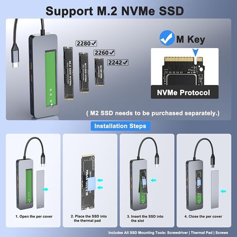 محطة إرساء USB C مع حاوية M.2 NVMe SSD بسرعة 10 جيجابت في الثانية، محور USB-C 9 في 1، فتحة SSD من النوع C مع HDMI 4K@60 هرتز، USB 3.2 Gen2، PD100W، قارئ بطاقة SD/TF، ​​محطة إرساء للكمبيوتر المحمول Dell/HP/Lenovo/Mac in Kuwait