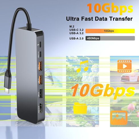 محطة إرساء USB C مع حاوية M.2 NVMe SSD بسرعة 10 جيجابت في الثانية، محور USB-C 9 في 1، فتحة SSD من النوع C مع HDMI 4K@60 هرتز، USB 3.2 Gen2، PD100W، قارئ بطاقة SD/TF، ​​محطة إرساء للكمبيوتر المحمول Dell/HP/Lenovo/Mac in Kuwait
