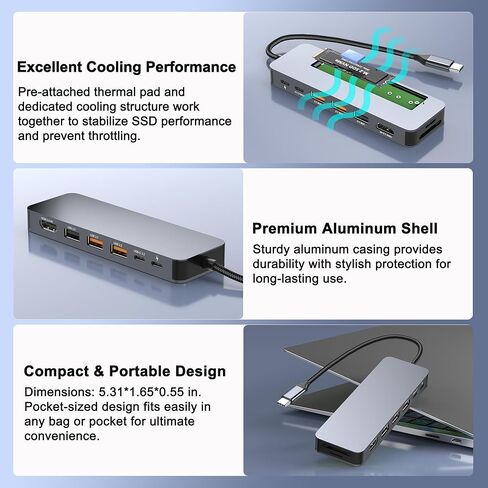 محطة إرساء USB C مع حاوية M.2 NVMe SSD بسرعة 10 جيجابت في الثانية، محور USB-C 9 في 1، فتحة SSD من النوع C مع HDMI 4K@60 هرتز، USB 3.2 Gen2، PD100W، قارئ بطاقة SD/TF، ​​محطة إرساء للكمبيوتر المحمول Dell/HP/Lenovo/Mac in Kuwait