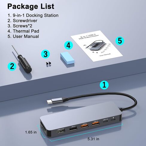 محطة إرساء USB C مع حاوية M.2 NVMe SSD بسرعة 10 جيجابت في الثانية، محور USB-C 9 في 1، فتحة SSD من النوع C مع HDMI 4K@60 هرتز، USB 3.2 Gen2، PD100W، قارئ بطاقة SD/TF، ​​محطة إرساء للكمبيوتر المحمول Dell/HP/Lenovo/Mac in Kuwait