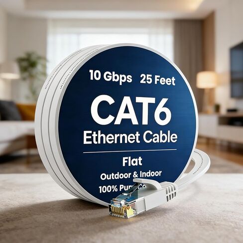 كابل إيثرنت Cat 6 بطول 25 قدمًا، داخلي وخارجي، كابل شبكة إنترنت مسطح عالي السرعة 10 جيجابت في الثانية، كابل تصحيح إيثرنت نحاسي نقي قصير، كابل كمبيوتر Cat6 مع موصلات RJ45 غير قابلة للتمزق، أبيض in Saudi Arabia