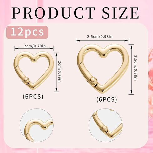 12Pcs Heart Shaped Carabiner Keychain Clips | Gold Metal Spring Key Rings for Backpack Bag Purse & DIY Accessories in Saudi Arabia