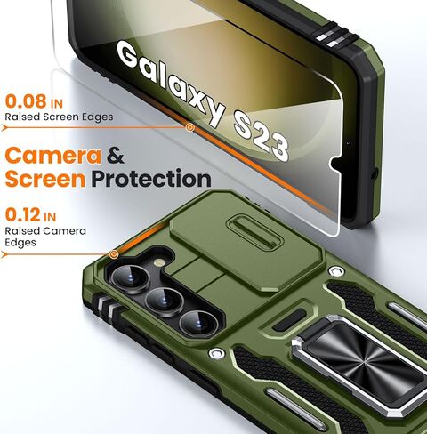 حافظة لهاتف Galaxy S23: [لا تناسب S23 Plus/FE/Ultra] مع قطعتين من واقي الشاشة عالي الدقة، غطاء كاميرا منزلق لحماية السقوط من الدرجة العسكرية، مسند حلقي دوار 360 درجة لجراب S23، أخضر زيتوني in Kuwait