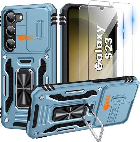 حافظة لهاتف Galaxy S23: [لا تناسب S23 Plus/FE/Ultra] مع قطعتين من واقي الشاشة عالي الدقة، غطاء كاميرا منزلق لحماية السقوط من الدرجة العسكرية، مسند حلقي دوار 360 درجة لجراب S23، أخضر زيتوني in Kuwait