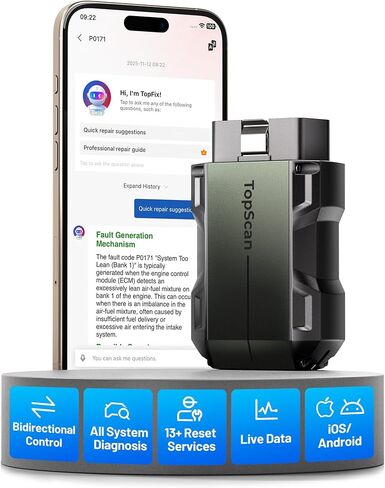 OBD2 Scanner Bluetooth TOPDON TopScan Pro, Bi-Directional Scan Tool with All System, 13+ Services for iOS & Android, FCA AutoAuth, CAN-FD, AI Assistant, Upgraded from TopScan Car Code Reader (Blue) in Saudi Arabia