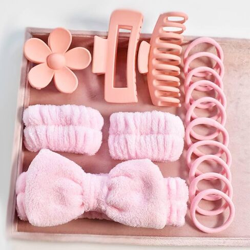 16 Pcs Face Wash Headband Wristband Hair Clips Ponytail Holders Set for Women, Soft Headband, Plastic Claw Clips, Elastics Hair Tie for Facial Skincare Makeup -Pink in Saudi Arabia