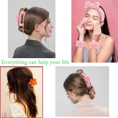 16 Pcs Face Wash Headband Wristband Hair Clips Ponytail Holders Set for Women, Soft Headband, Plastic Claw Clips, Elastics Hair Tie for Facial Skincare Makeup -Pink in Saudi Arabia