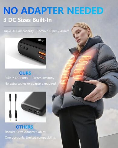 ColdBye 7.4V/5V 20000mah PD 30W Battery Pack for Heated Vest Built-in 3 DC Size Adapter, 𝟕.𝟒𝐕/5𝐀 𝟐𝟎𝟎𝟎𝟎𝐦𝐀𝐡 Fasting Charging Battery Pack for Heated Jackets with LED Display in Saudi Arabia