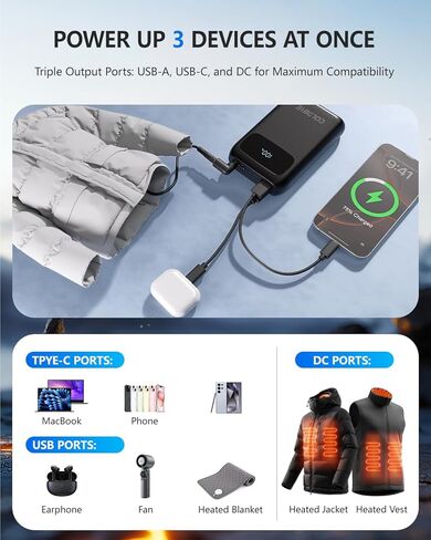 ColdBye 7.4V/5V 20000mah PD 30W Battery Pack for Heated Vest Built-in 3 DC Size Adapter, 𝟕.𝟒𝐕/5𝐀 𝟐𝟎𝟎𝟎𝟎𝐦𝐀𝐡 Fasting Charging Battery Pack for Heated Jackets with LED Display in Saudi Arabia