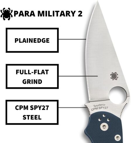 سكين جيب Spyderco Para Military 2 قابل للطي مع شفرة فولاذية 3.4 بوصة CPM SPY27 ومقبض G-10 - سكين EDC للرجال والنساء، مثالي للصيد والتكتيكي والتخييم والبقاء على قيد الحياة - PlainEdge - C81GPCBL2 in Kuwait