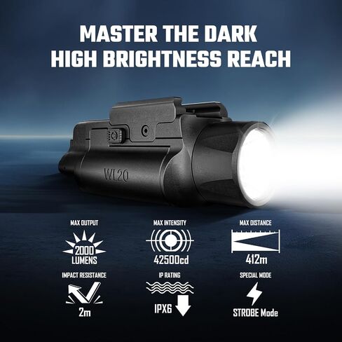 AIMWIN WL20 Weapon Light 2000 Lumen 451 Yards Long Range with Strobe Mode USB-C Rechargeable Tactical Flashlight Fit GL/Picatinny Rail Mounted Light in Kuwait