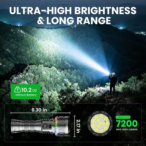مصباح يدوي 7200 لومن فائق السطوع قابل لإعادة الشحن 19 وضعًا، مصباح يدوي LED RGB محيطي بقدرة 5000 مللي أمبير مع ذاكرة، مصباح يدوي تكتيكي عالي الطاقة مع ضوء تخييم للاستخدام المنزلي والاستخدامات الخارجية in Kuwait