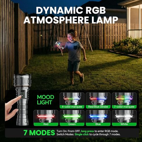 مصباح يدوي 7200 لومن فائق السطوع قابل لإعادة الشحن 19 وضعًا، مصباح يدوي LED RGB محيطي بقدرة 5000 مللي أمبير مع ذاكرة، مصباح يدوي تكتيكي عالي الطاقة مع ضوء تخييم للاستخدام المنزلي والاستخدامات الخارجية in Kuwait