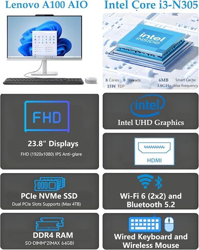 كمبيوتر مكتبي Lenovo 24 مقاس 23.8 بوصة FHD الكل في واحد للمكتب المنزلي، ومعالج Intel 8-Core، وذاكرة وصول عشوائي DDR4 سعة 16 جيجابايت، وذاكرة وصول عشوائي PCIe SSD سعة 512 جيجابايت، وواي فاي 6، وبلوتوث 5.2، وAIO للأعمال، ولوحة مفاتيح وماوس (متجدد) in Kuwait