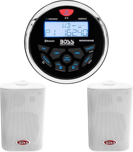 BOSS Audio Systems MGR350B Marine Gauge Receiver - Bluetooth, Digital Media MP3 Player + MR4.3W 200-Watt 3 Way Marine 4-Inch Enclosed System Speakers. in Saudi Arabia