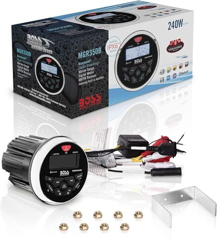 BOSS Audio Systems MGR350B Marine Gauge Receiver - Bluetooth, Digital Media MP3 Player + MR4.3W 200-Watt 3 Way Marine 4-Inch Enclosed System Speakers. in Saudi Arabia