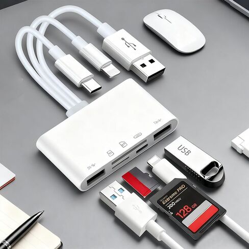 قارئ بطاقات ذاكرة متعدد الأجهزة، محول USB OTG 5 في 1، مع فتحات بطاقات Micro SD وSD، يدعم SD/Micro SD/SDHC/SDXC/MMC لأجهزة i-Phone/i-Pad وUSB C وUSB A in Kuwait