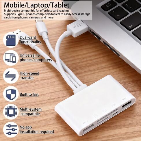 قارئ بطاقات ذاكرة متعدد الأجهزة، محول USB OTG 5 في 1، مع فتحات بطاقات Micro SD وSD، يدعم SD/Micro SD/SDHC/SDXC/MMC لأجهزة i-Phone/i-Pad وUSB C وUSB A in Kuwait
