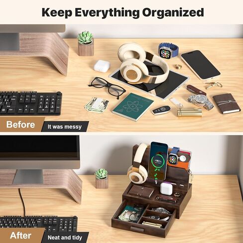 Phone Docking Station for Men: Desk or Nightstand Organizer with Drawer, Birthday Gifts for Husband, Dad, Boyfriend,Him, Wooden Charging Station for Phone Watch Key Holder Wallet (Reddish Brown) in Kuwait