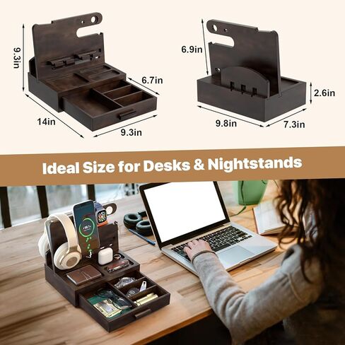 Phone Docking Station for Men: Desk or Nightstand Organizer with Drawer, Birthday Gifts for Husband, Dad, Boyfriend,Him, Wooden Charging Station for Phone Watch Key Holder Wallet (Reddish Brown) in Kuwait