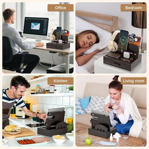 Phone Docking Station for Men: Desk or Nightstand Organizer with Drawer, Birthday Gifts for Husband, Dad, Boyfriend,Him, Wooden Charging Station for Phone Watch Key Holder Wallet (Reddish Brown) in Kuwait