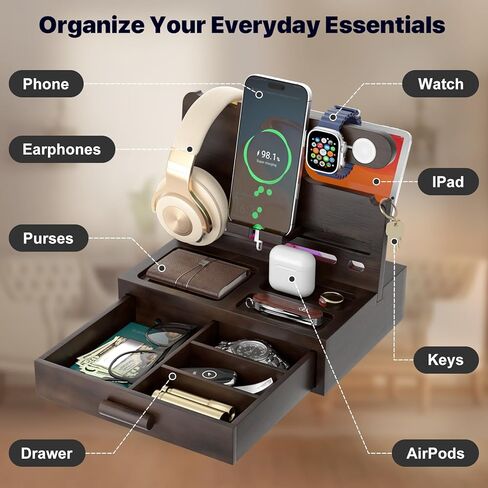 Phone Docking Station for Men: Desk or Nightstand Organizer with Drawer, Birthday Gifts for Husband, Dad, Boyfriend,Him, Wooden Charging Station for Phone Watch Key Holder Wallet (Reddish Brown) in Kuwait