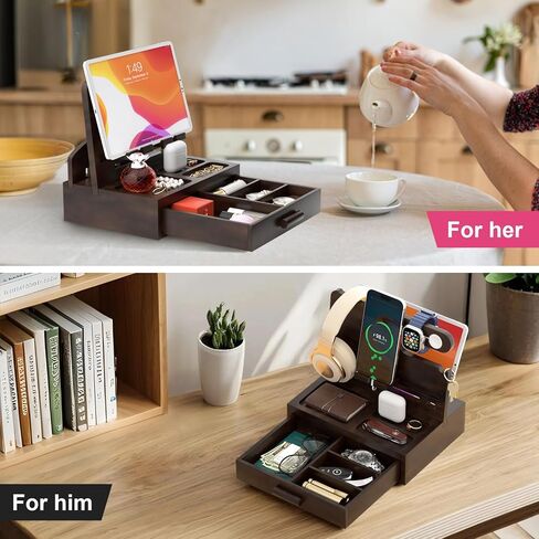 Phone Docking Station for Men: Desk or Nightstand Organizer with Drawer, Birthday Gifts for Husband, Dad, Boyfriend,Him, Wooden Charging Station for Phone Watch Key Holder Wallet (Reddish Brown) in Kuwait