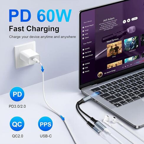 USB C to 3.5mm Headphone and Charger Adapter 2 in 1 USB C Headphone Adapter Type C Splitter for Audio USB c to aux and Charger 60W PD Fast Charging Dongle for iPhone17/16 iPad Pro Pixel Samsung in Saudi Arabia