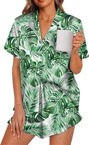 Lillusory Graphic Satin Pajamas for Women Set 2 قطعة PJS مطابقة لزرة الحفلات لأسفل ملابس النوم الليلية in Saudi Arabia