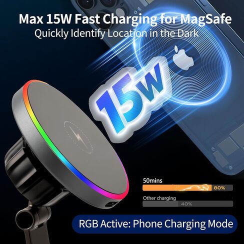شاحن حامل سيارة iPhone MagSafe [شحن لاسلكي سريع بقدرة 15 وات، أقوى شفط 120 رطل، مغناطيسي قوي 2800 جرام] حامل هاتف سيارة قابل للتعديل يدور 360 درجة للوحة قيادة سيارتك/الزجاج الأمامي in Kuwait