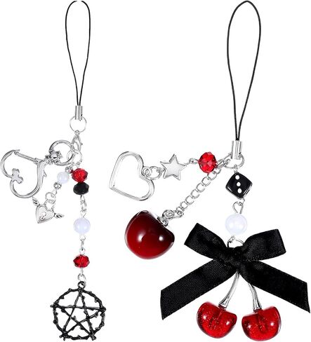 Cute StarBow Cherry Keychain, 2pcs Aesthetic Bag Charms, Phone Charms Strap, Black Red Kawaii Phone Charm for Bag Keychain Camera, Pendant Decor, Y2K Phones Accessories in Kuwait