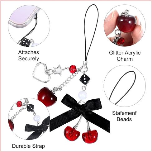 Cute StarBow Cherry Keychain, 2pcs Aesthetic Bag Charms, Phone Charms Strap, Black Red Kawaii Phone Charm for Bag Keychain Camera, Pendant Decor, Y2K Phones Accessories in Kuwait