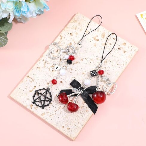 Cute StarBow Cherry Keychain, 2pcs Aesthetic Bag Charms, Phone Charms Strap, Black Red Kawaii Phone Charm for Bag Keychain Camera, Pendant Decor, Y2K Phones Accessories in Kuwait