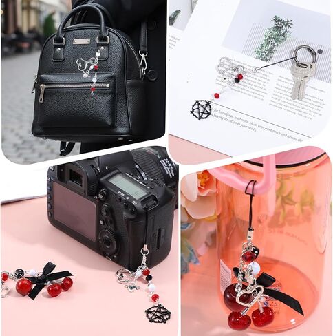 Cute StarBow Cherry Keychain, 2pcs Aesthetic Bag Charms, Phone Charms Strap, Black Red Kawaii Phone Charm for Bag Keychain Camera, Pendant Decor, Y2K Phones Accessories in Kuwait
