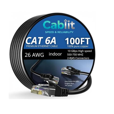 كابل إيثرنت CABLIT Cat6A 100FT - سلك تصحيح نحاسي عاري مجدول UTP 26AWG، كبل LAN عالي السرعة 10 جيجابت في الثانية، موصلات RJ45 بدون Snagless، دبابيس 8P8C مطلية بالذهب، وسترة PVC متينة. in Kuwait