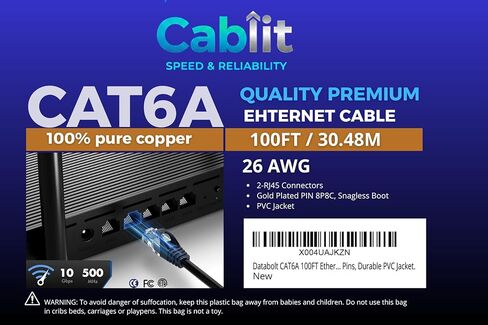 كابل إيثرنت CABLIT Cat6A 100FT - سلك تصحيح نحاسي عاري مجدول UTP 26AWG، كبل LAN عالي السرعة 10 جيجابت في الثانية، موصلات RJ45 بدون Snagless، دبابيس 8P8C مطلية بالذهب، وسترة PVC متينة. in Kuwait