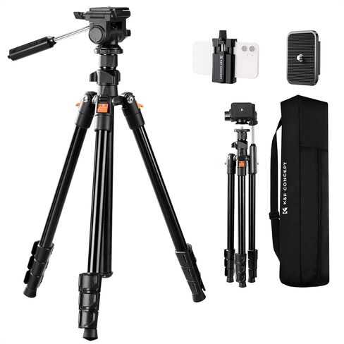 K&F CONCEPT Camera Tripod 76" for Travel, Video Tripod with 3-Way Head, Aluminum Lightweight Camera Stand for DSLR, Tripod for Smartphone with Mobile Phone Holder O234A5+BV01 in Saudi Arabia