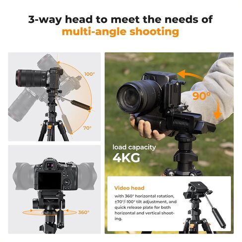 K&F CONCEPT Camera Tripod 76" for Travel, Video Tripod with 3-Way Head, Aluminum Lightweight Camera Stand for DSLR, Tripod for Smartphone with Mobile Phone Holder O234A5+BV01 in Saudi Arabia