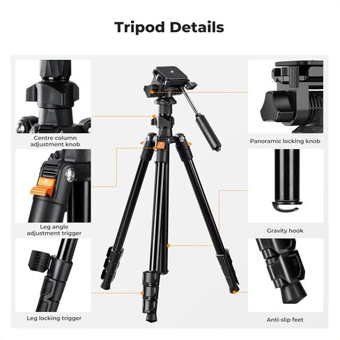 K&F CONCEPT Camera Tripod 76" for Travel, Video Tripod with 3-Way Head, Aluminum Lightweight Camera Stand for DSLR, Tripod for Smartphone with Mobile Phone Holder O234A5+BV01 in Saudi Arabia