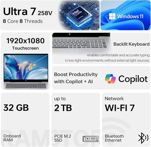 HP OmniBook (العلامة التجارية Envy Next) 7 17 كمبيوتر محمول للمحترفين، شاشة لمس FHD مقاس 17.3 بوصة، أداء فائق 7 258 فولت لتعدد المهام، ذاكرة وصول عشوائي 32 جيجابايت، 1 تيرابايت SSD، Wi-Fi 7، W11P، حزمة مع مبرد كمبيوتر محمول PCO in Kuwait