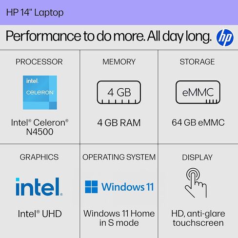 كمبيوتر محمول HP بشاشة تعمل باللمس للدراسة المنزلية للطلاب الجامعيين، 4 جيجابايت DDR4، 64 جيجابايت eMMC، معالج Intel، 14 بوصة، WiFi 6، BT، كاميرا ويب، Type-C، HDMI، ذهبي شاحب، Windows 11 S (متجدد) in Kuwait