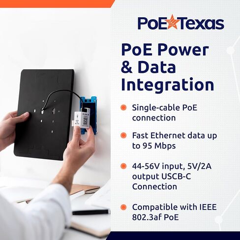 حامل جداري لجهاز iPad من الجيل العاشر من PoE Texas مع مؤشر حالة LED، قاعدة تثبيت على سطح الكمبيوتر اللوحي من الألومنيوم الأسود في غرفة الاجتماعات، تطبيق Dash - مزود بمحول AF-USBC-JB PoE in Kuwait