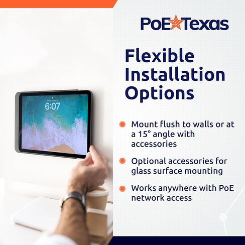 حامل جداري لجهاز iPad من الجيل العاشر من PoE Texas مع مؤشر حالة LED، قاعدة تثبيت على سطح الكمبيوتر اللوحي من الألومنيوم الأسود في غرفة الاجتماعات، تطبيق Dash - مزود بمحول AF-USBC-JB PoE in Kuwait