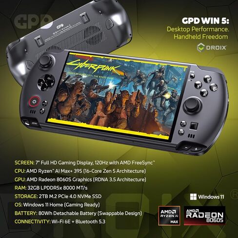 كمبيوتر الألعاب المحمول GPD Win 5 | ايه ام دي رايزن ايه اي ماكس+ رايزن 395 | ذاكرة وصول عشوائي LPDDR5X سعة 32 جيجابايت، ومحرك أقراص SSD سعة 2 تيرابايت | رسومات راديون 8060S | كمبيوتر محمول للألعاب والمحاكاة AAA in Kuwait
